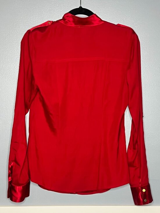 Caché Vintage Red Silk Button Blouse Gold Button Dressy Luxe Holiday Party Top M - Picture 6 of 7